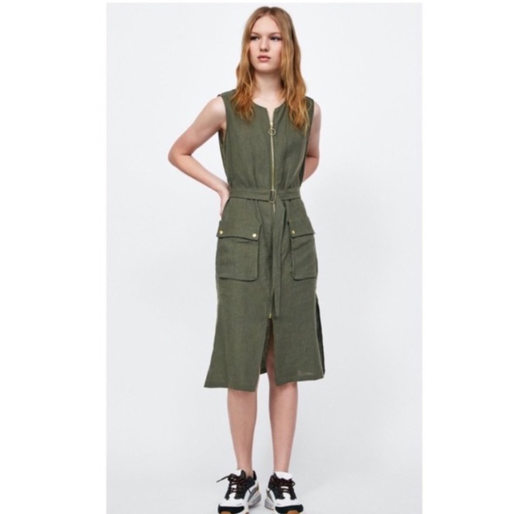 Zara Belted Linen Cargo Military Dress size Small